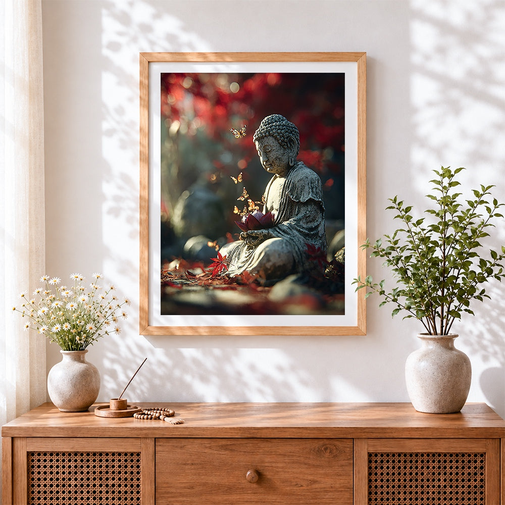 Finished buddha statue with butterflies and lotus cross stitch artwork displayed
