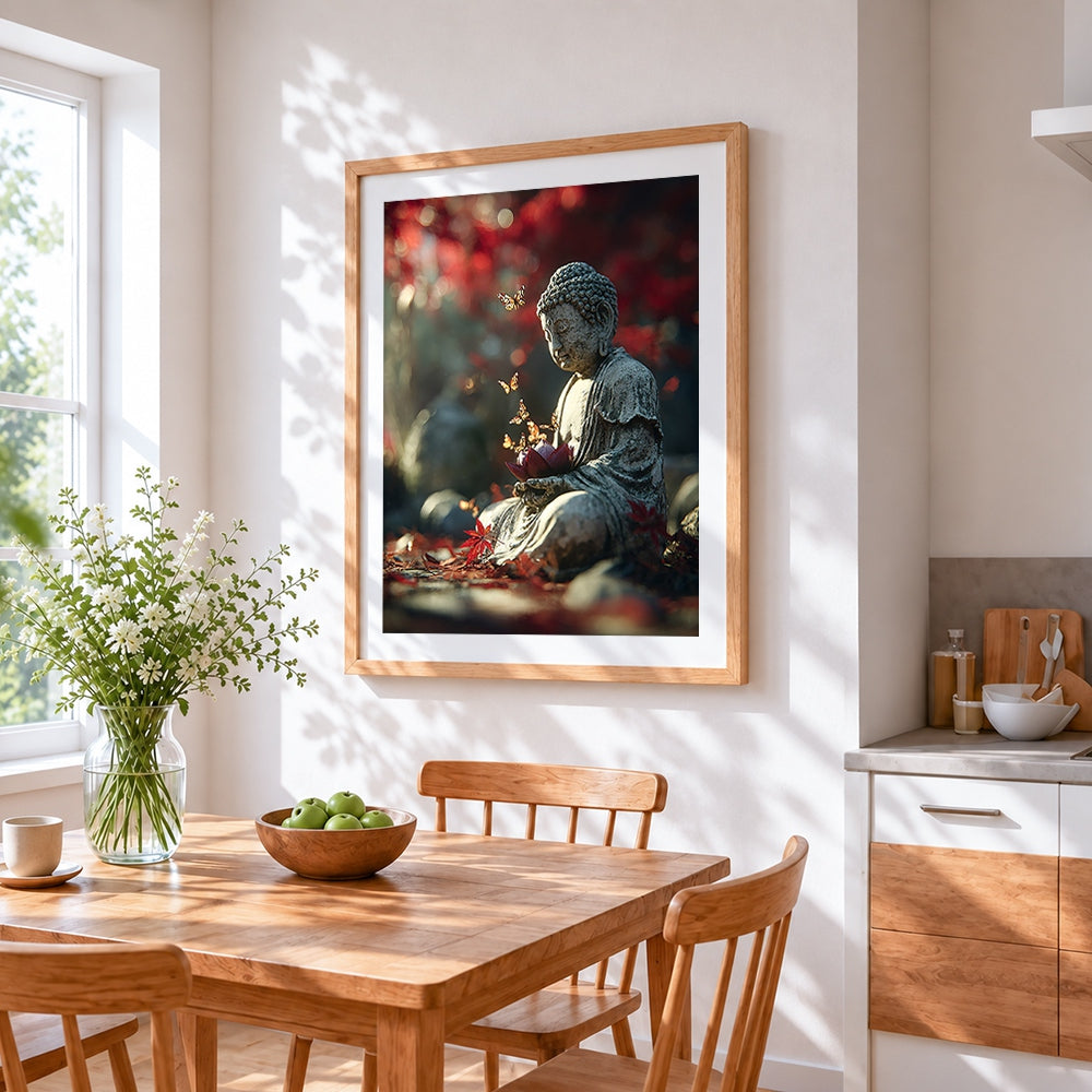 Buddha statue with butterflies and lotus cross stitch artwork displayed on wall as home decor