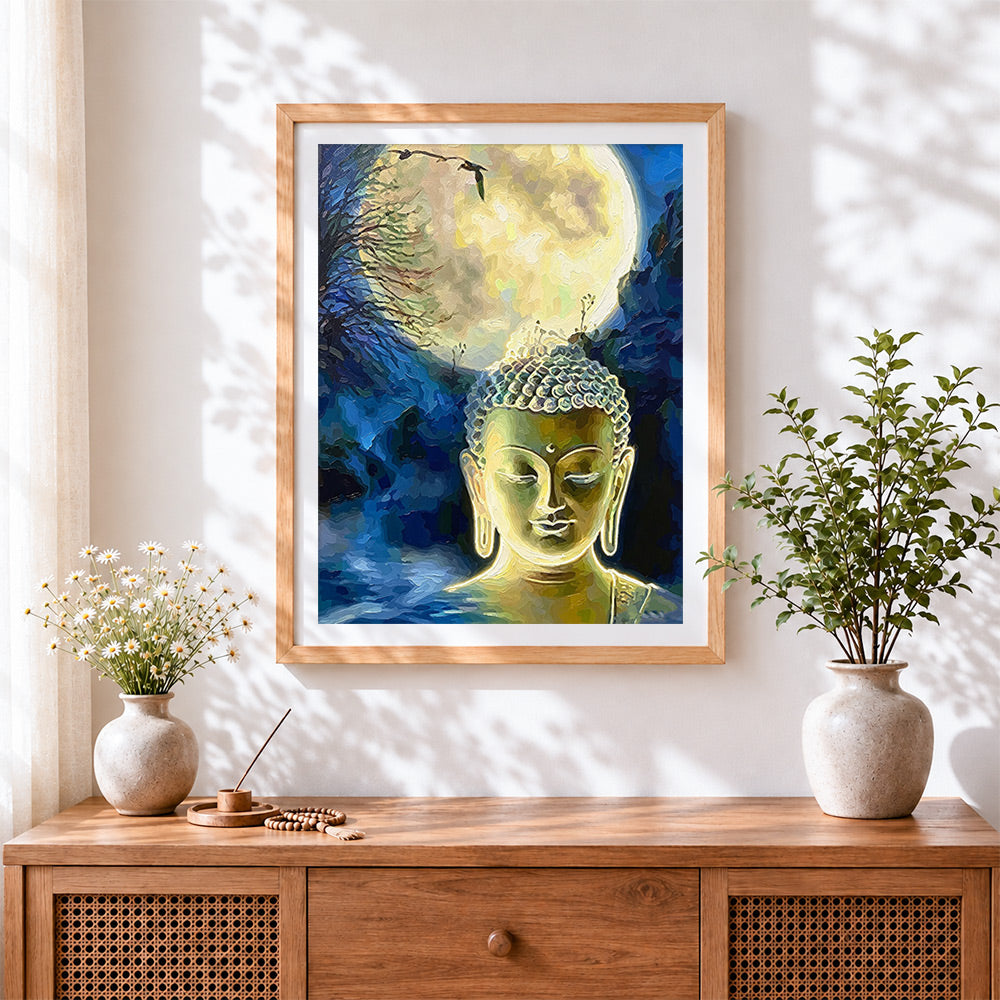 Finished buddha under the full moon cross stitch artwork displayed