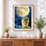 Finished buddha under the full moon cross stitch artwork displayed