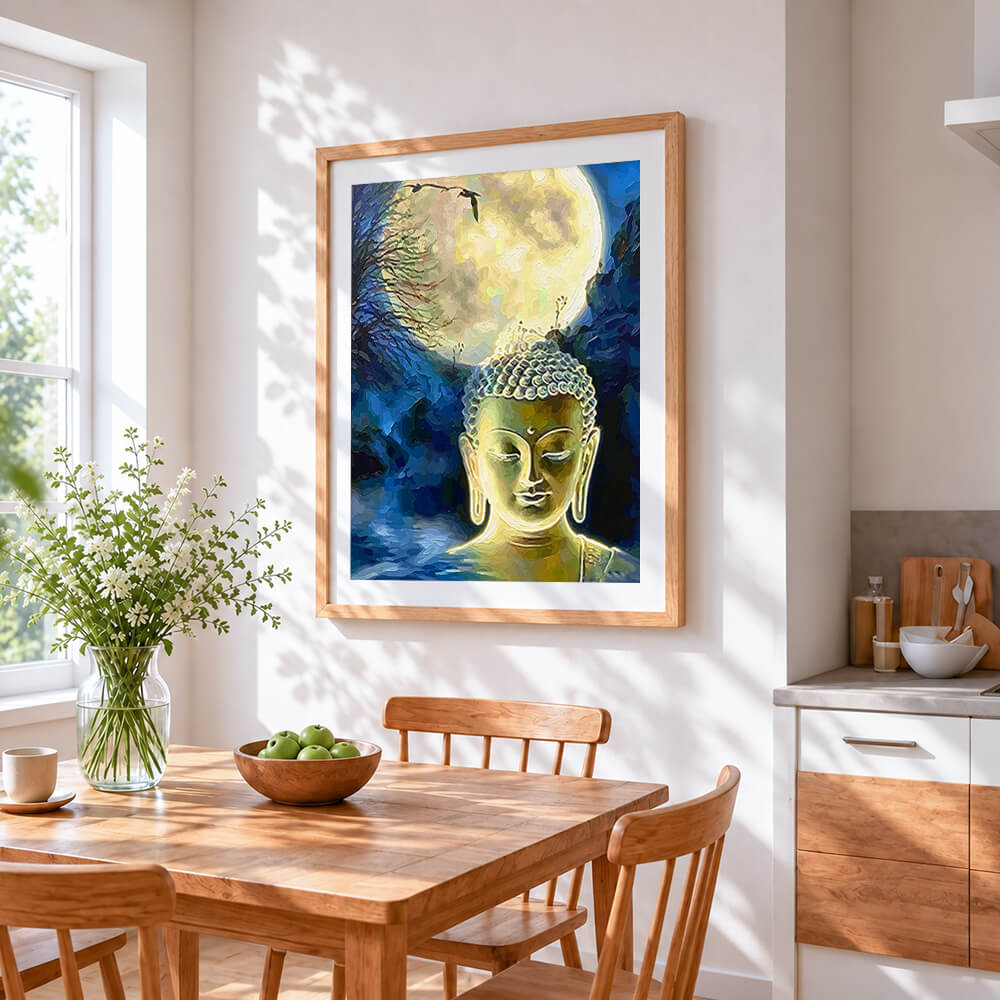 Buddha under the full moon cross stitch artwork displayed on wall as home decor