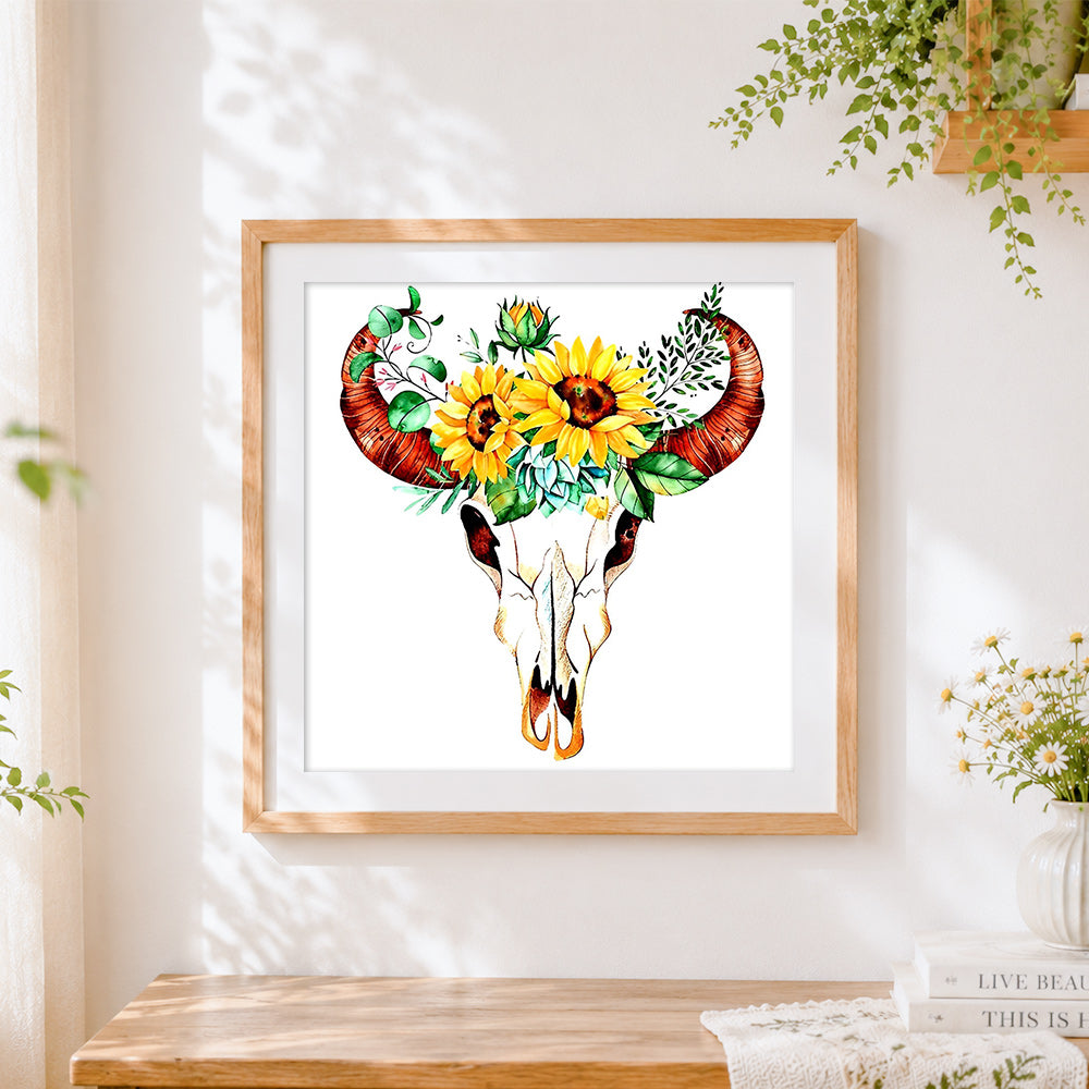 Finished bull skull with sunflowers cross stitch artwork displayed