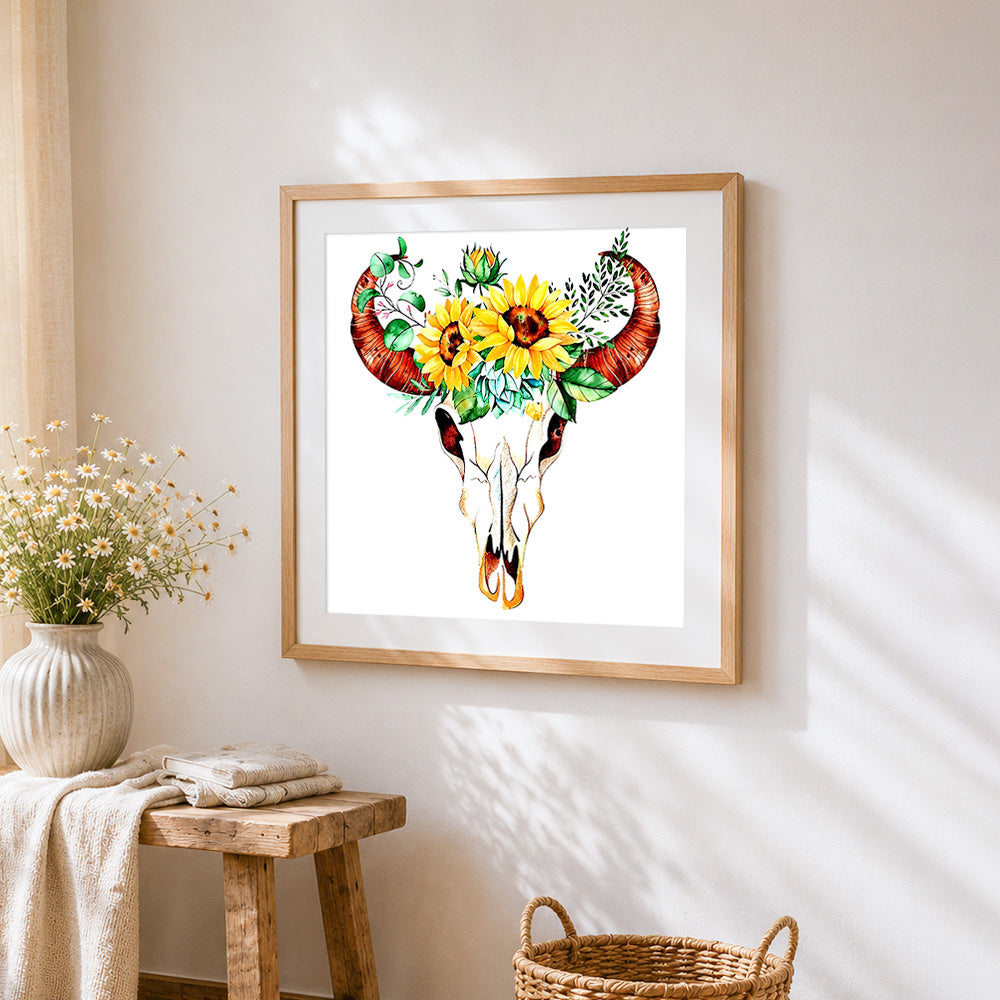Bull skull with sunflowers cross stitch artwork displayed on wall as home decor