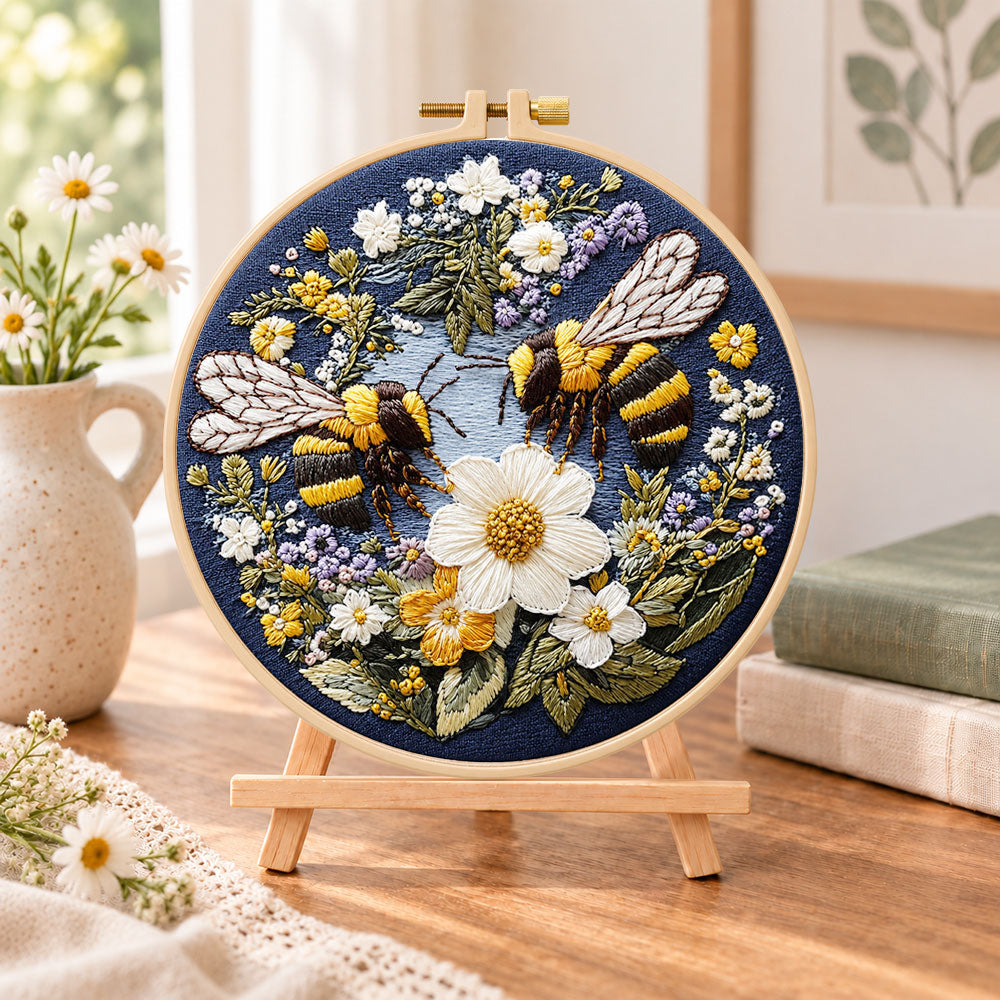 Bumblebees and white daisies embroidery kit finished hoop displayed on a wooden stand as cozy tabletop decor