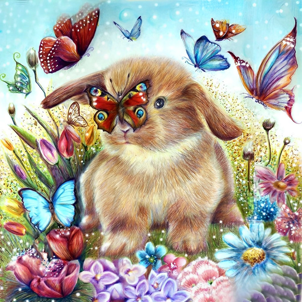 Bunny and butterflies in flower garden cross stitch kit for beginners