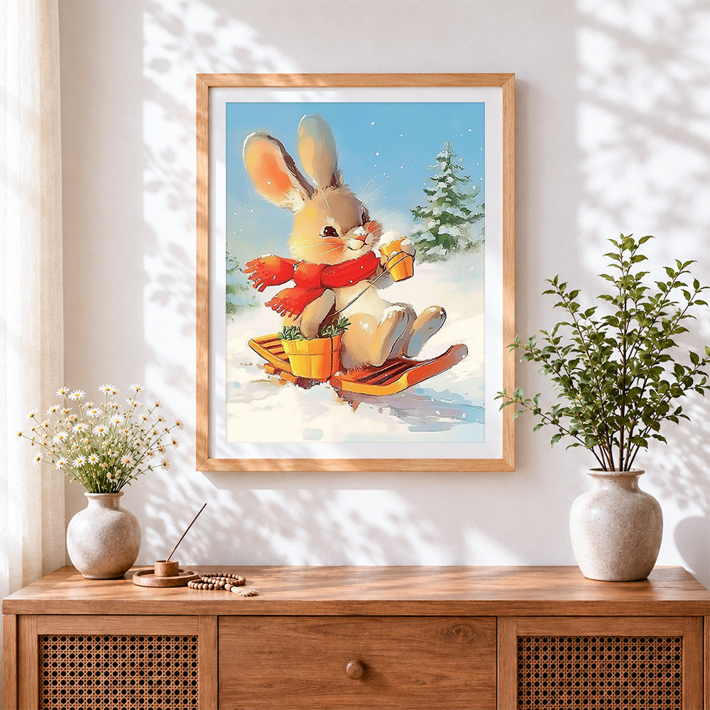 Finished bunny on a sledge with hot chocolate cross stitch artwork displayed