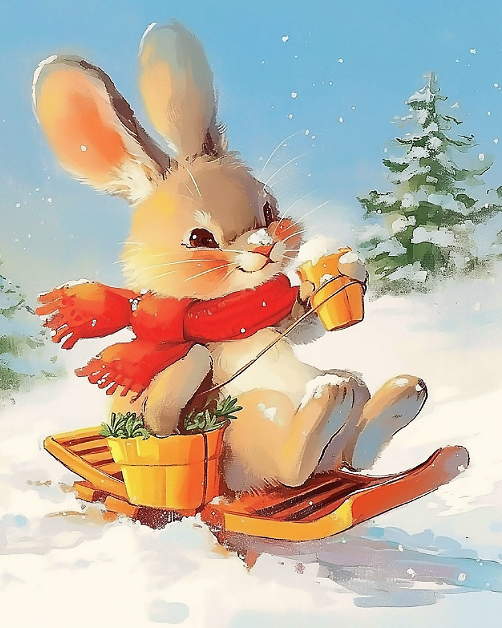 Bunny on a sledge with hot chocolate cross stitch kit for beginners