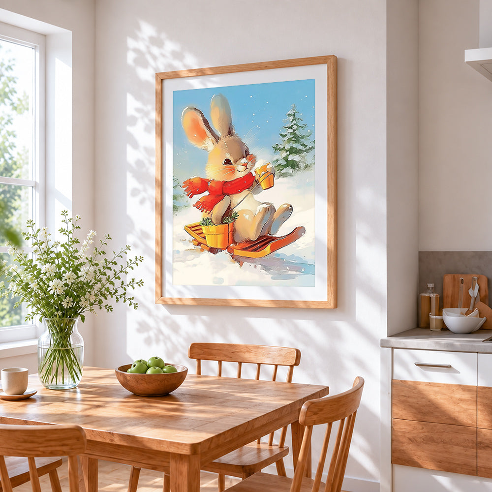 Bunny on a sledge with hot chocolate cross stitch artwork displayed on wall as home decor