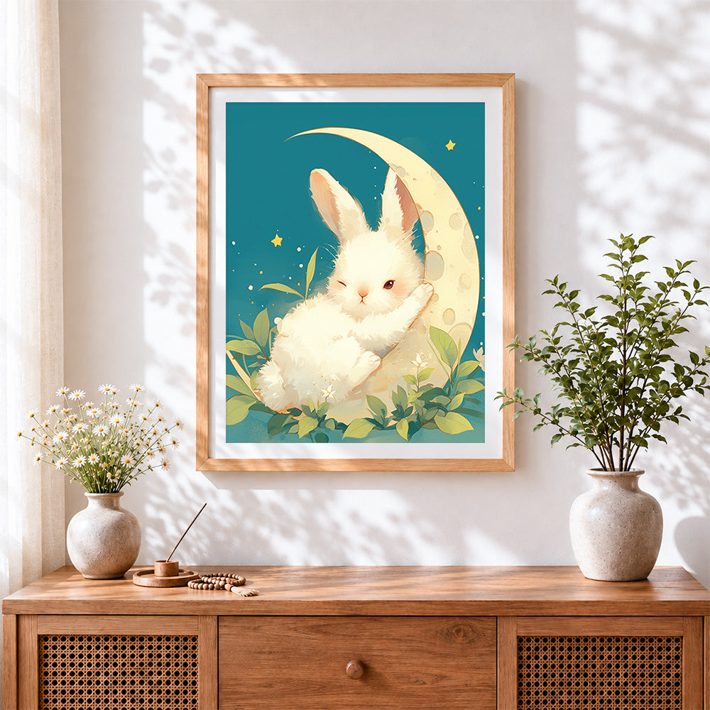 Finished bunny sleeping on the moon cross stitch artwork displayed