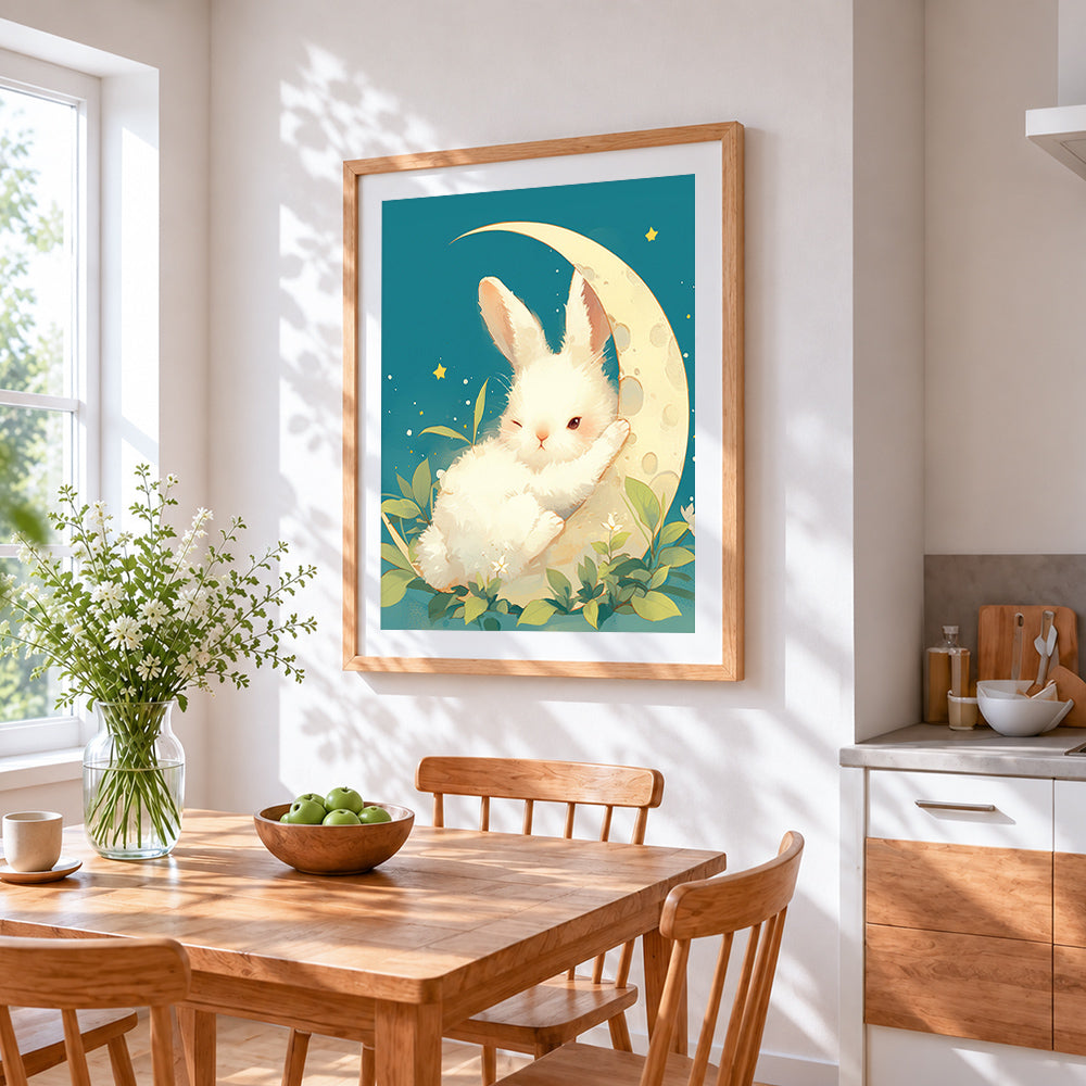 Bunny sleeping on the moon cross stitch artwork displayed on wall as home decor