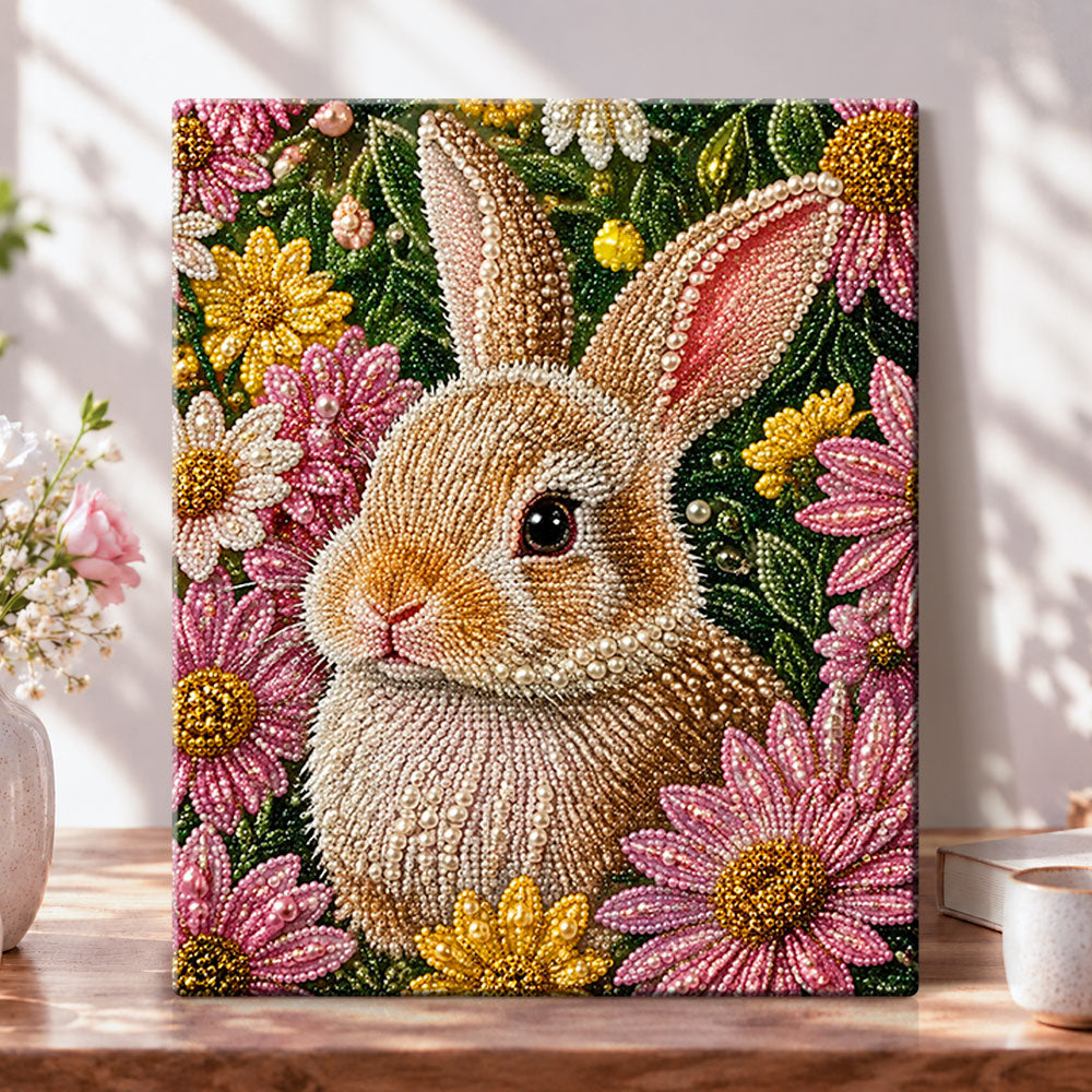 Bunny surrounded by wild daisies pearl diamond painting kit for beginners