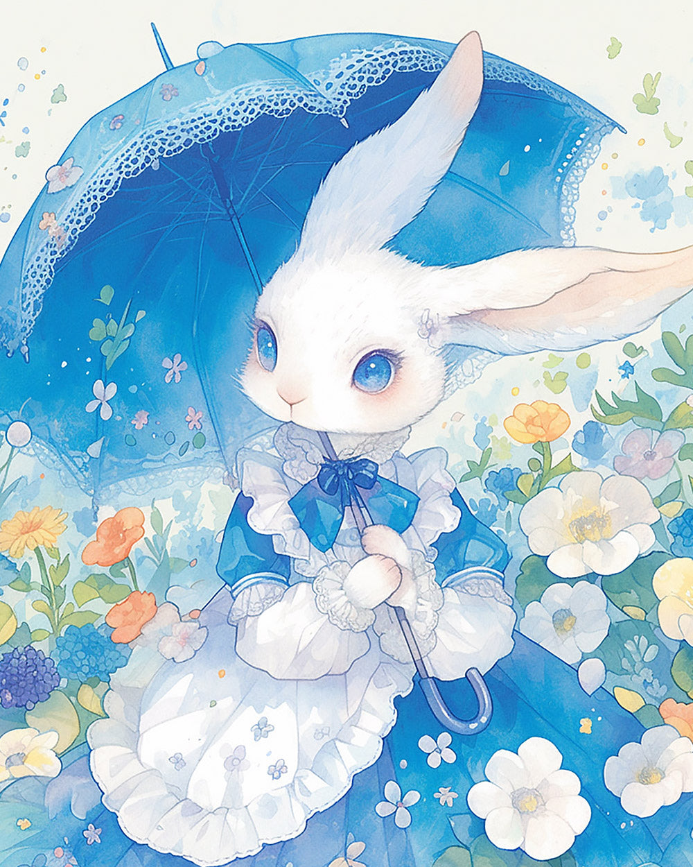 Bunny with umbrella among flowers cross stitch kit for beginners