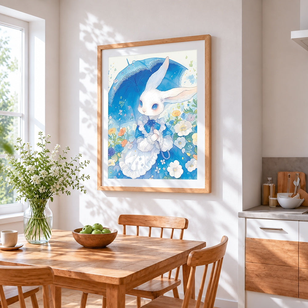 Bunny with umbrella among flowers cross stitch artwork displayed on wall as home decor