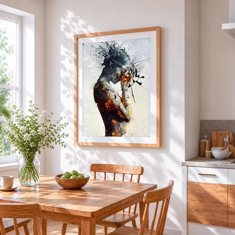 Burning broken figure cross stitch artwork displayed on wall as home decor
