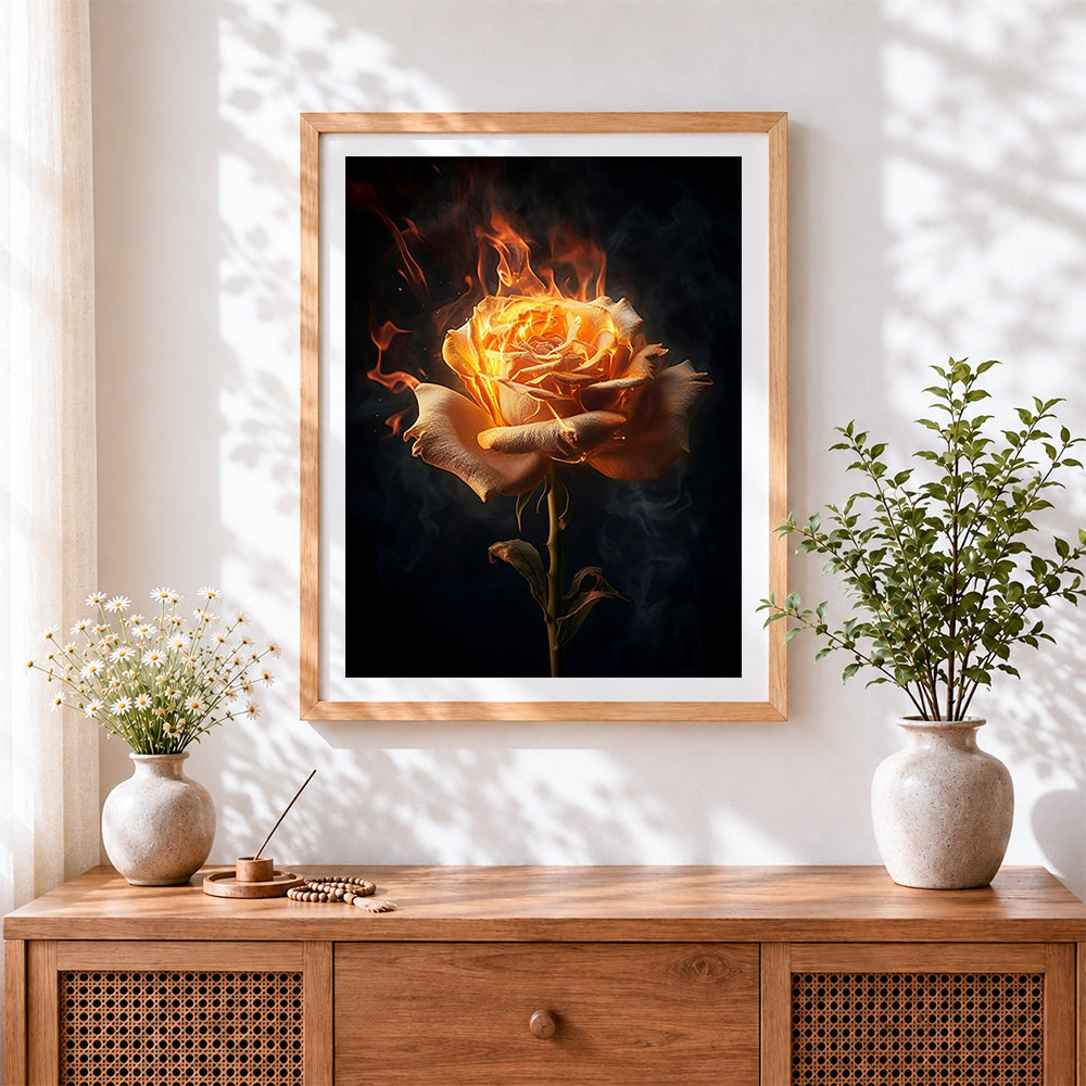 Finished burning rose in flames cross stitch artwork displayed