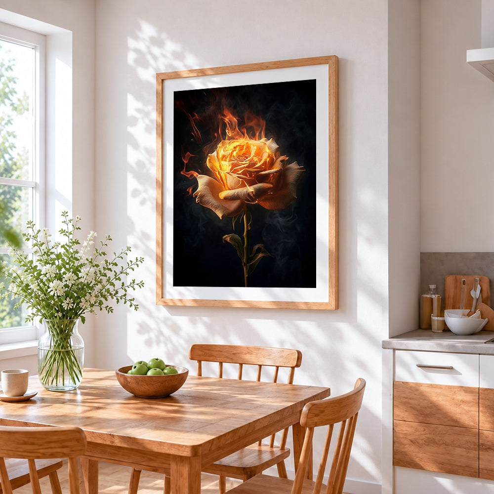 Burning rose in flames cross stitch artwork displayed on wall as home decor