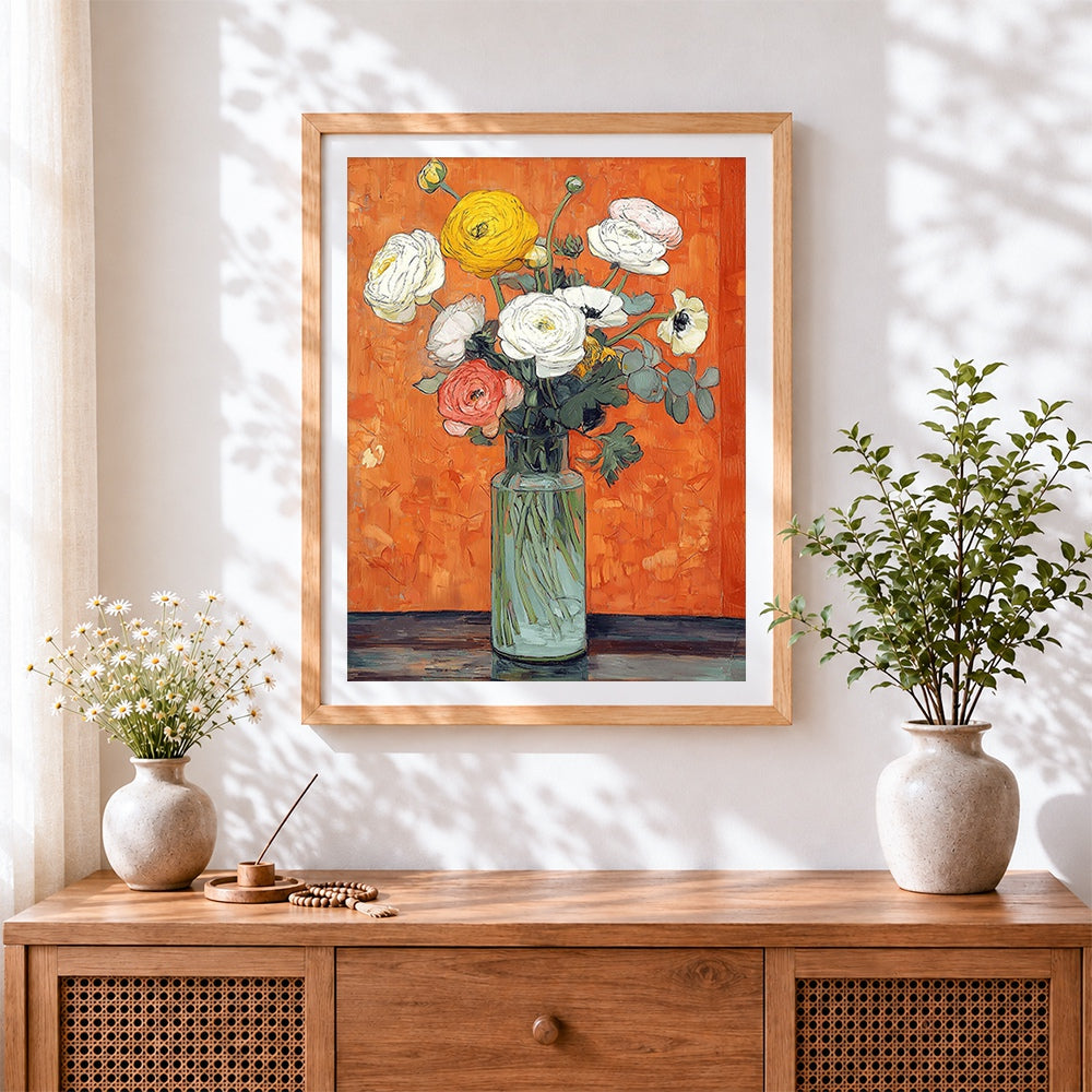 Finished buttercups and anemones in a glass vase cross stitch artwork displayed