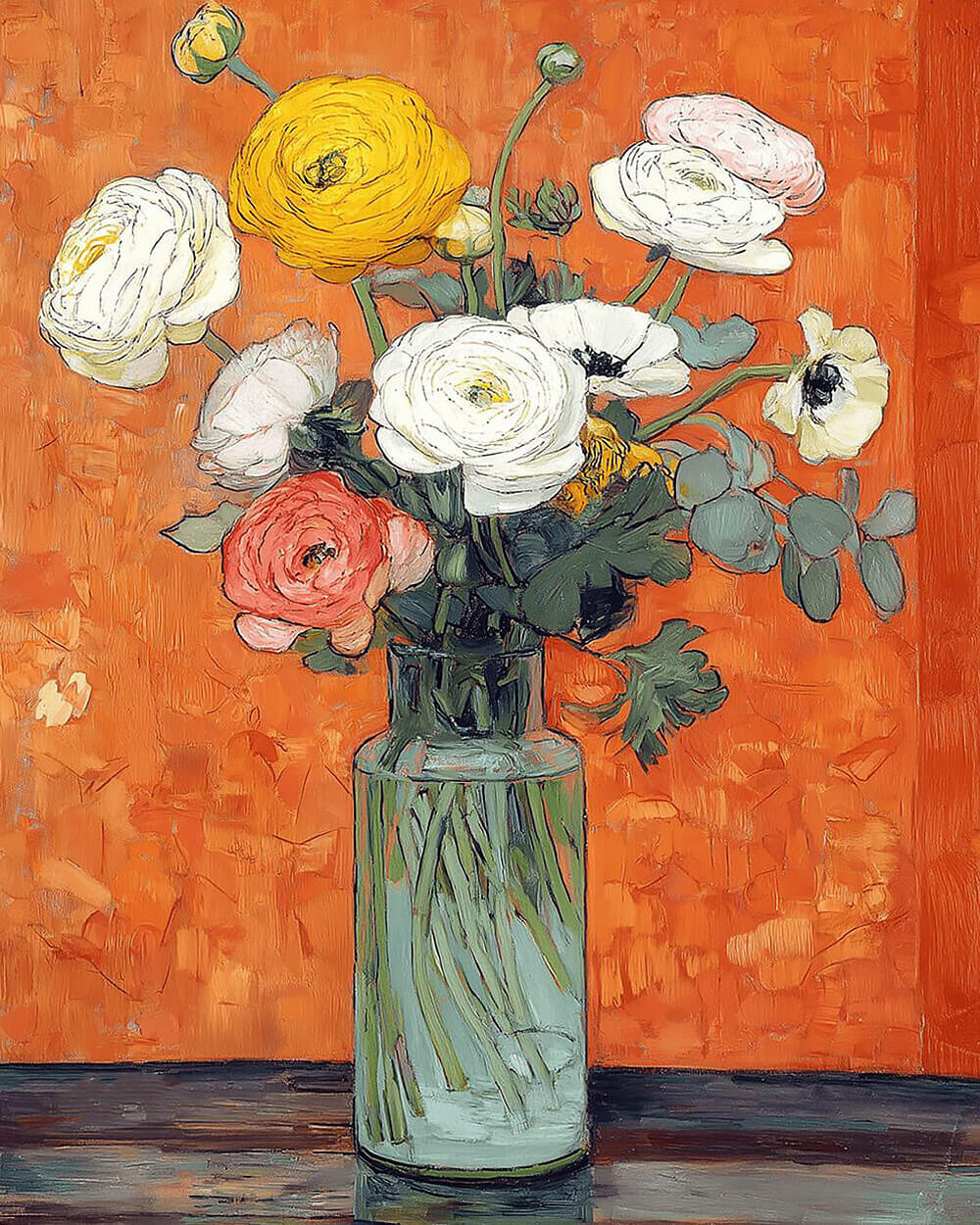 Buttercups and anemones in a glass vase cross stitch kit for beginners