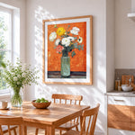 Buttercups and anemones in a glass vase cross stitch artwork displayed on wall as home decor