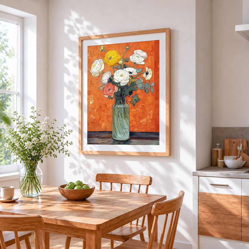 Buttercups and anemones in a glass vase cross stitch artwork displayed on wall as home decor