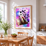 Butterflies flying from a book cross stitch artwork displayed on wall as home decor
