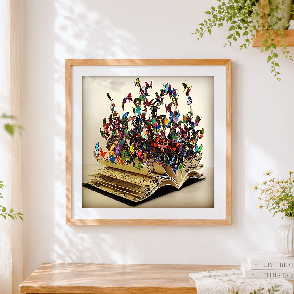 Finished butterflies flying out of an open book paint by numbers artwork displayed as home decor