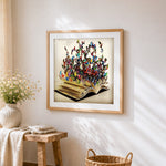 Butterflies flying out of an open book paint by numbers artwork displayed on wall as home decor