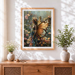 Finished butterfly fairy in wildflower meadow cross stitch artwork displayed