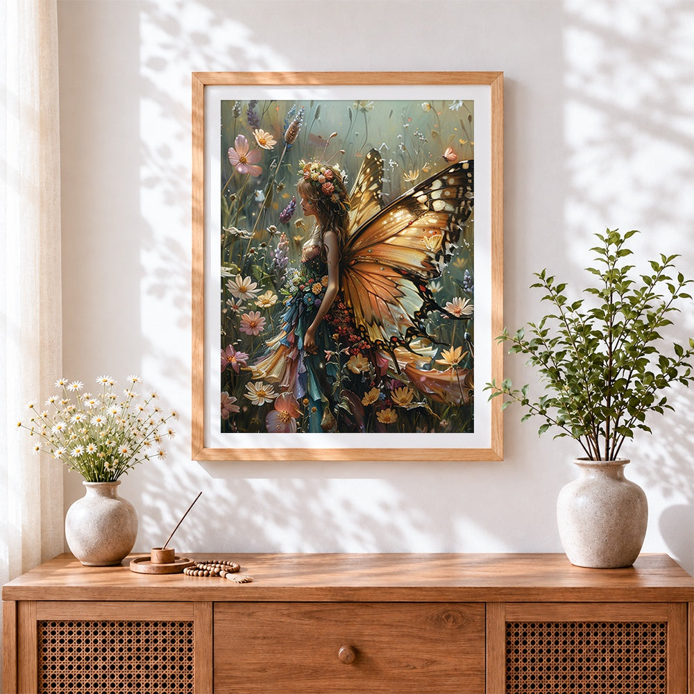 Finished butterfly fairy in wildflower meadow cross stitch artwork displayed