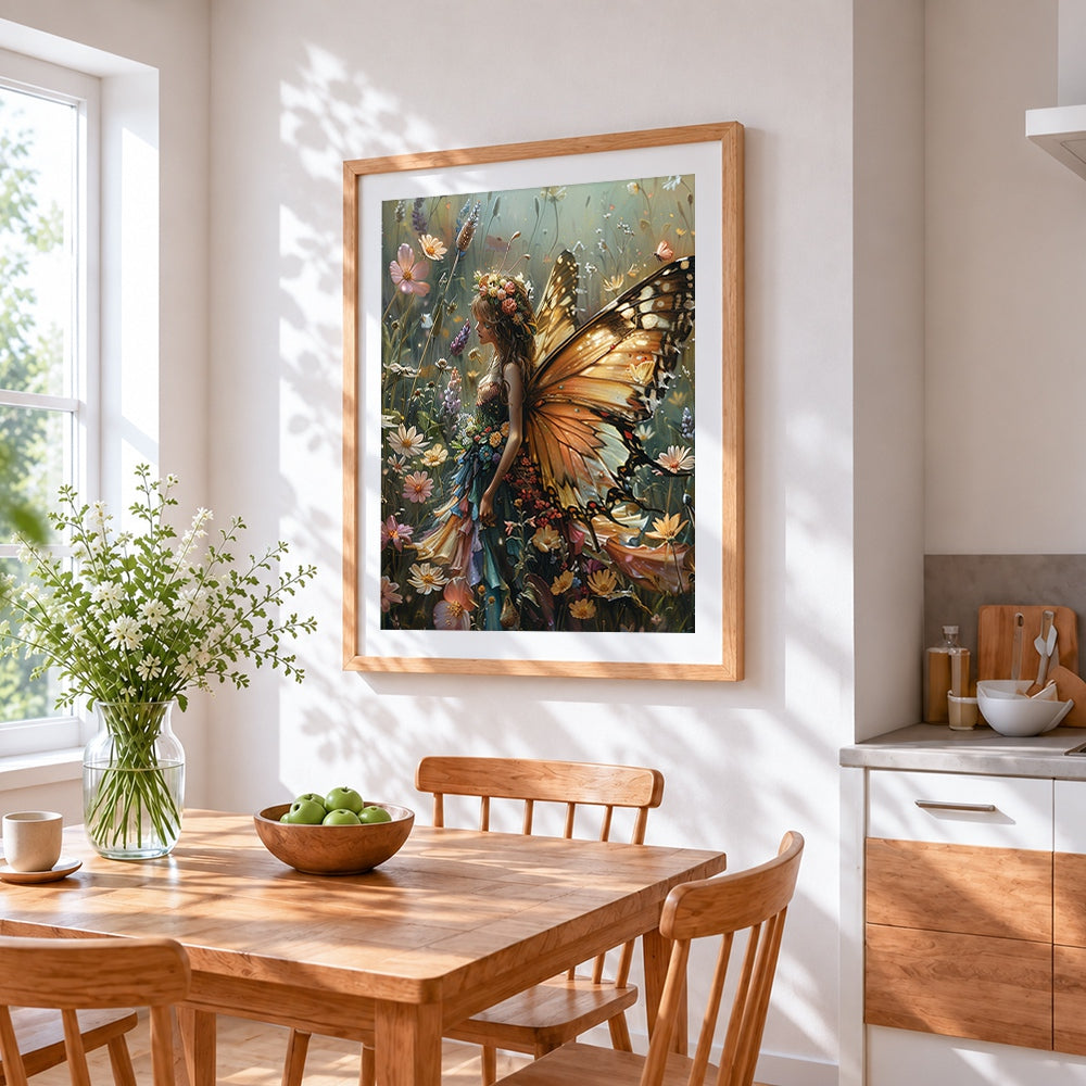 Butterfly fairy in wildflower meadow cross stitch artwork displayed on wall as home decor