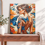 Finished butterfly graceful lady pearl diamond painting artwork displayed as home decor