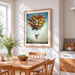 Butterfly hot air balloon cross stitch artwork displayed on wall as home decor