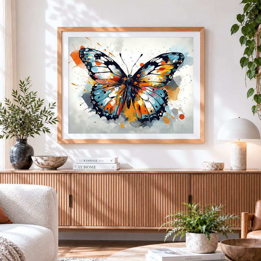 Finished butterfly in the style of ink splash cross stitch artwork displayed