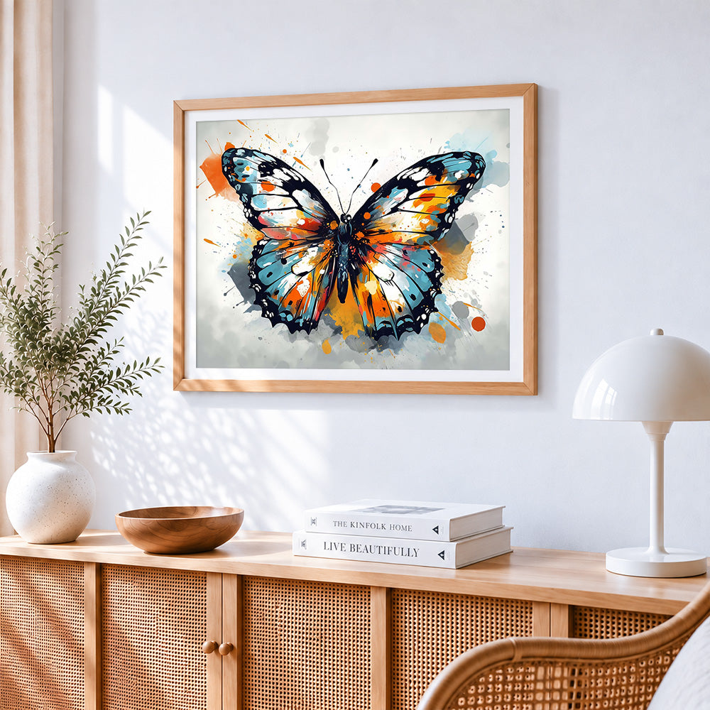 Butterfly in the style of ink splash paint by numbers artwork displayed on wall as home decor