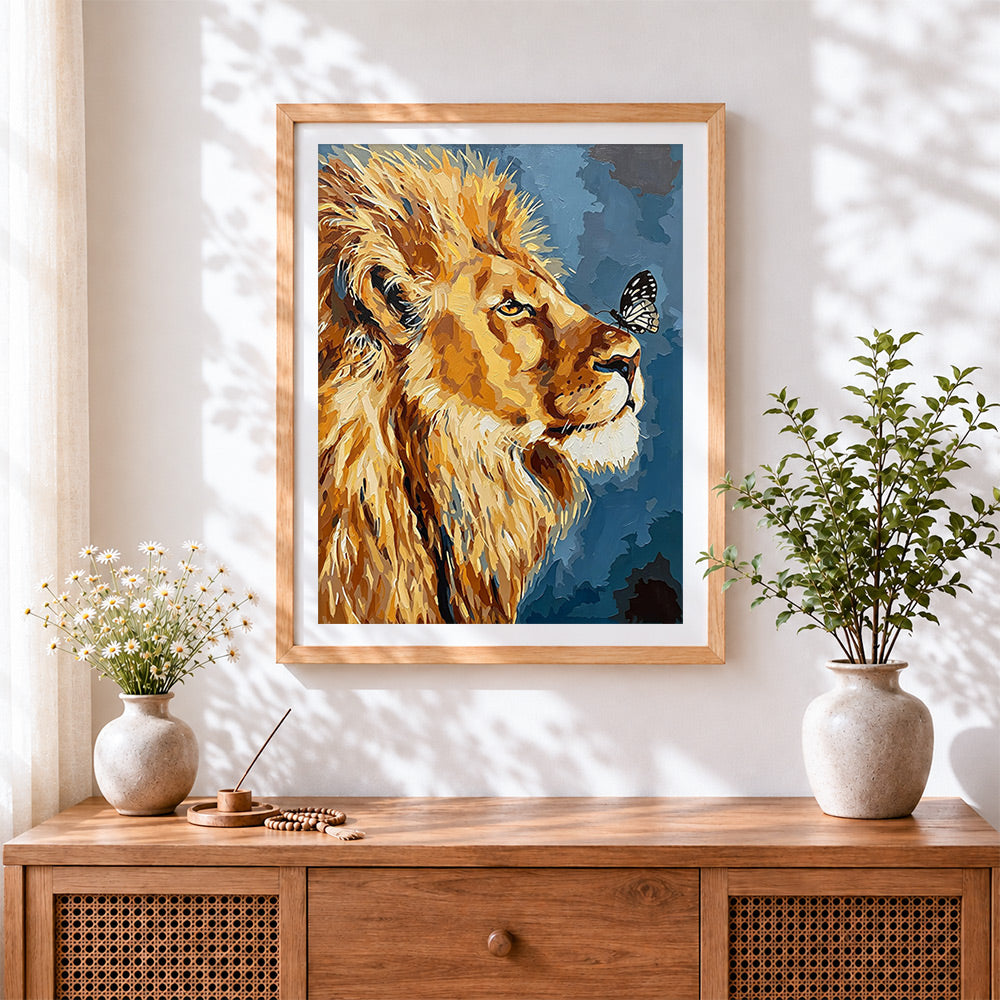 Finished butterfly on a lion's nose cross stitch artwork displayed