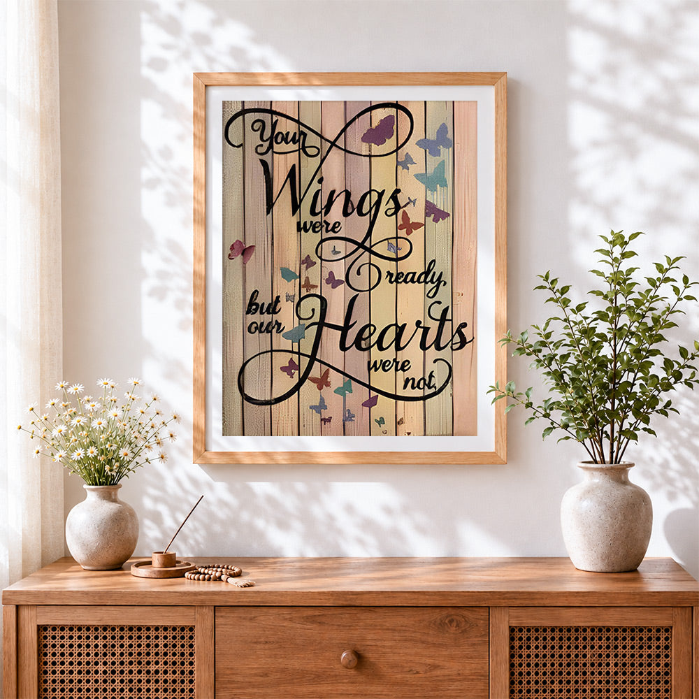 Finished butterfly quote on wood art cross stitch artwork displayed