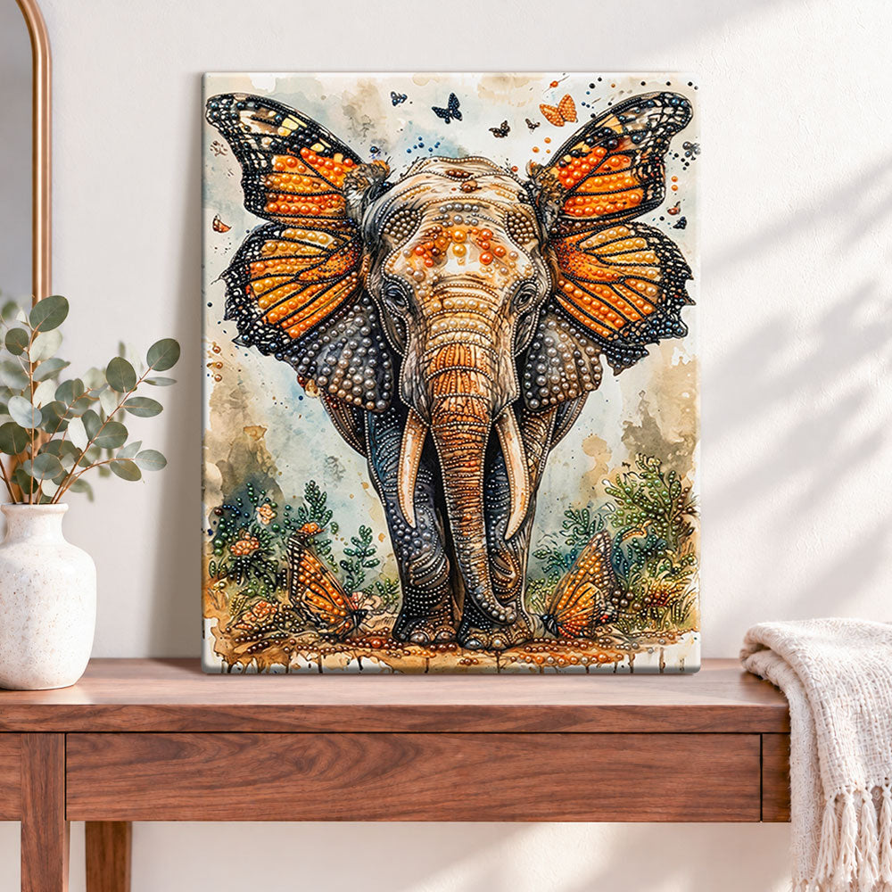 Finished butterfly wing elephant pearl diamond painting artwork displayed as home decor