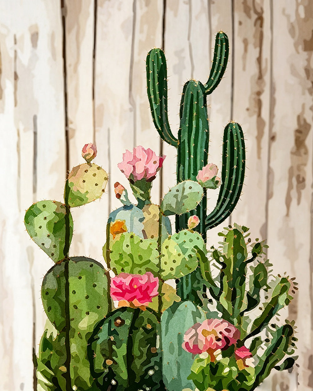 Cactus with pink flowers on wood cross stitch kit for beginners
