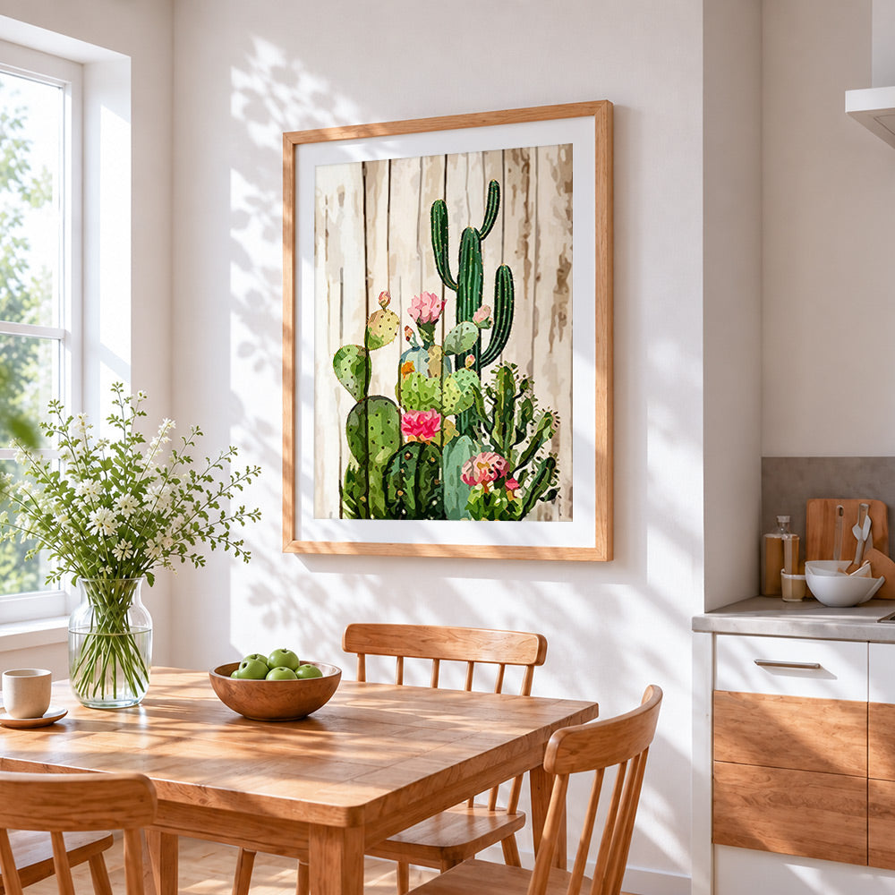 Cactus with pink flowers on wood cross stitch artwork displayed on wall as home decor