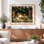 Finished calico cat resting among ivy and vintage books cross stitch artwork displayed