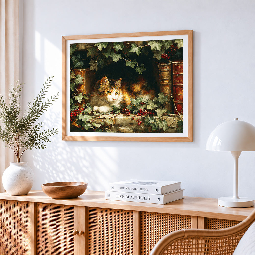 Calico cat resting among ivy and vintage books cross stitch artwork displayed on wall as home decor
