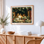 Calico cat resting among ivy and vintage books cross stitch artwork displayed on wall as home decor