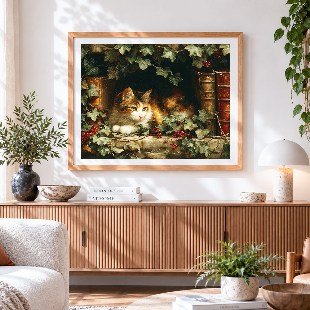 Finished calico cat resting among ivy and vintage books paint by numbers artwork displayed as home decor