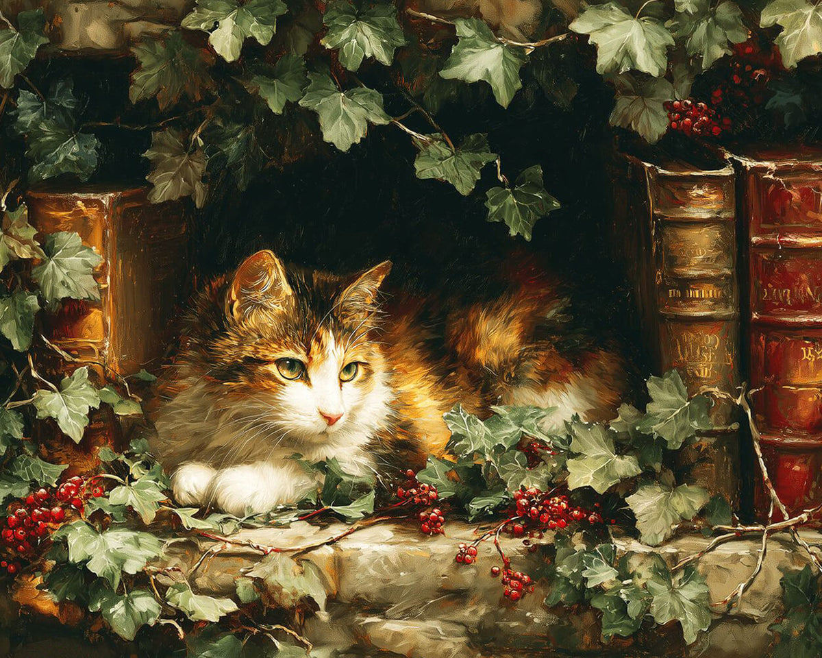 Calico cat resting among ivy and vintage books paint by numbers kit for beginners
