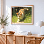 Calico cat stalking in the grass cross stitch artwork displayed on wall as home decor