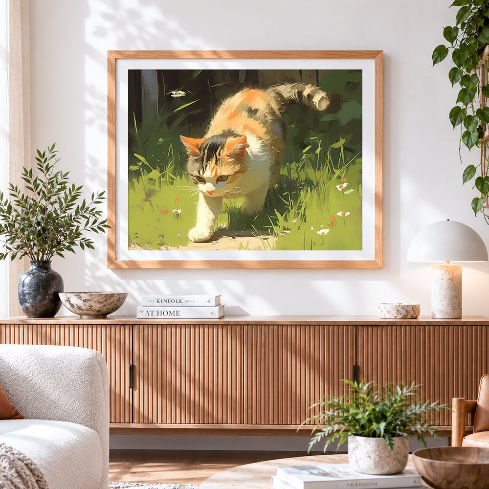 Finished calico cat stalking in the grass paint by numbers artwork displayed as home decor
