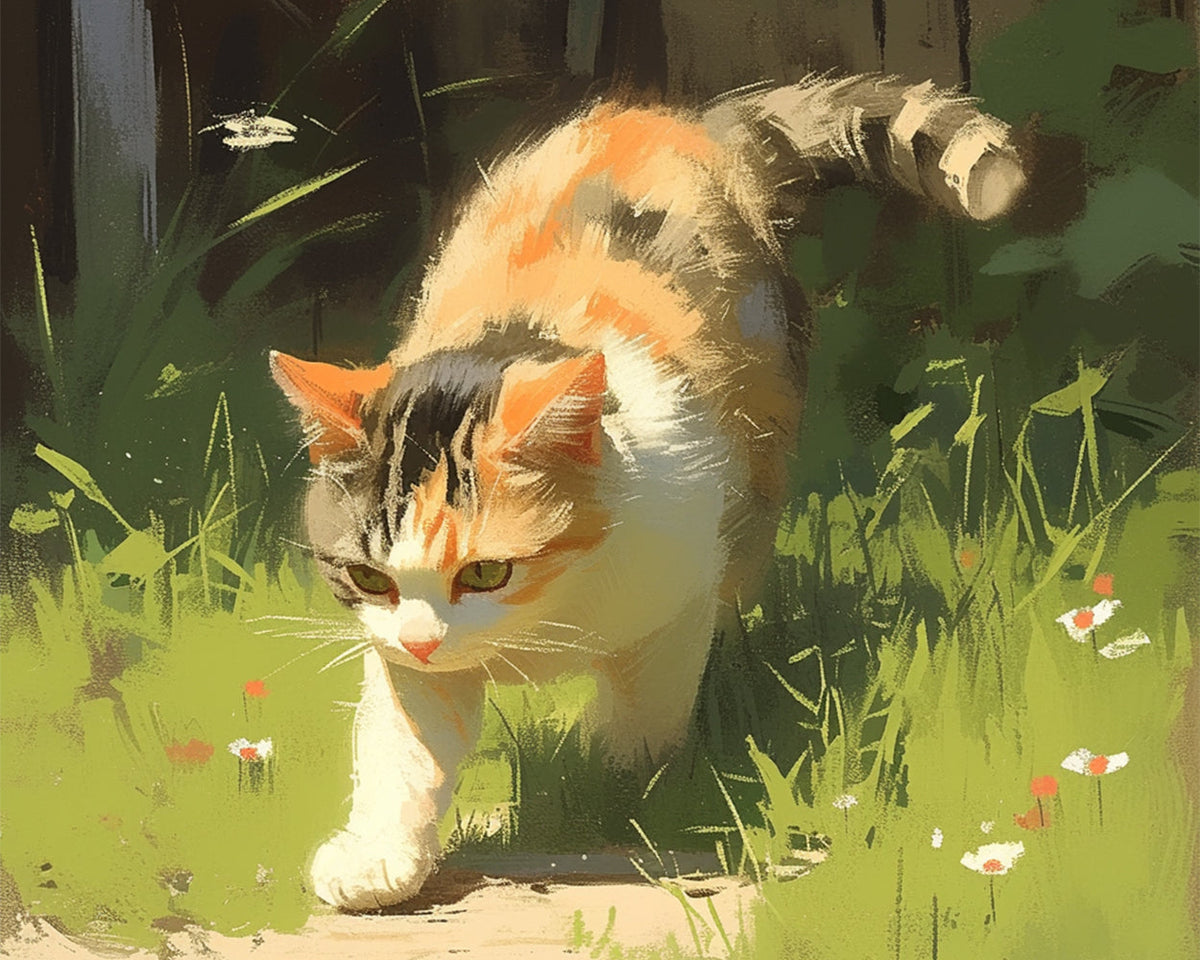 Calico cat stalking in the grass paint by numbers kit for beginners