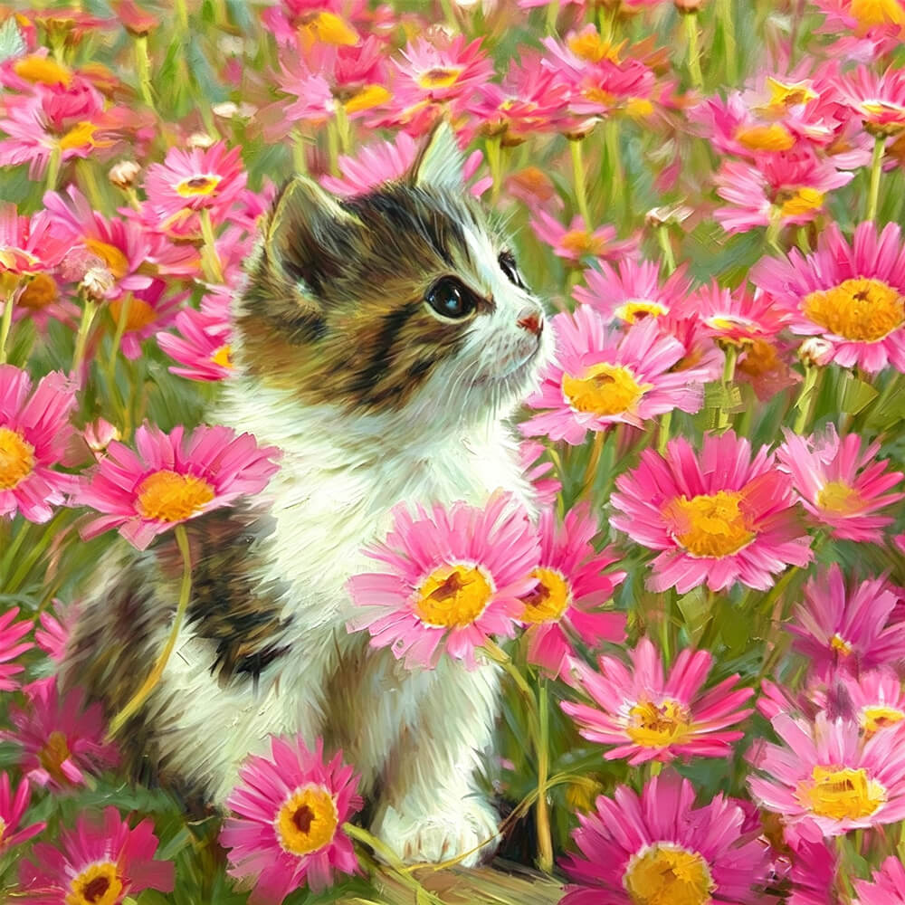 Calico kitten in pink daisies cross stitch kit for beginners