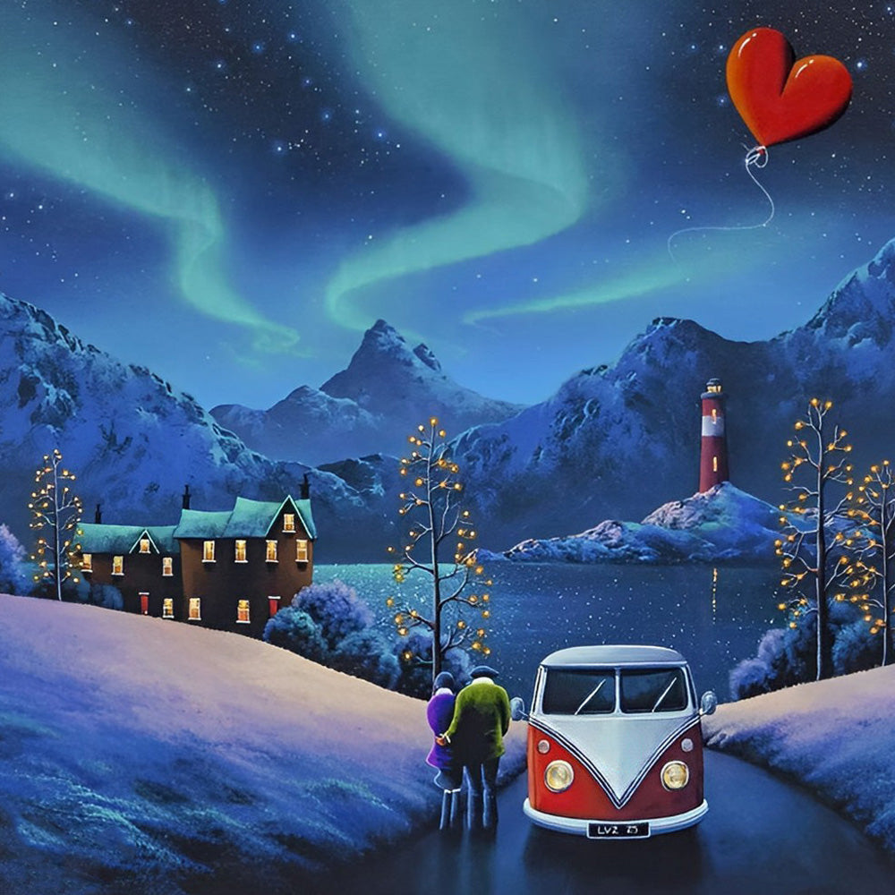 Camper van under northern lights cross stitch kit for beginners