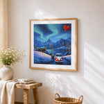 Camper van under northern lights cross stitch artwork displayed on wall as home decor